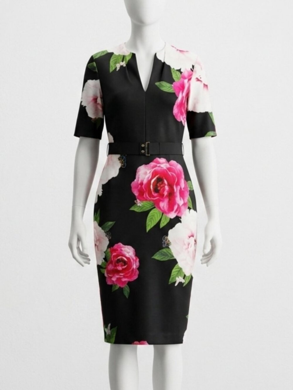 Ted Baker Gilanno Magnificent Floral Bodycon Dress Black Pink Roses Size 4